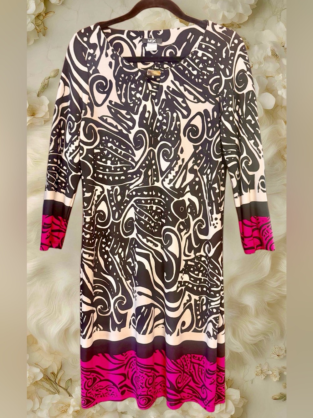 MSK Boho Style Black & Cream Abstract Print Dress with Hot Pink Hem size Medium